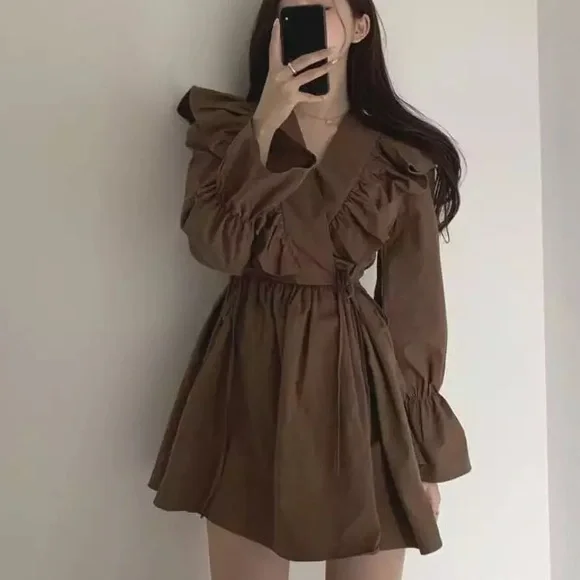 Ruffle dress butterfly mocha brown v-neck womens flare dresses - Picture 5 of 6